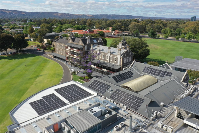 Birds eye view of the rooftop solar installation on Prince Alfred College in South Australia.