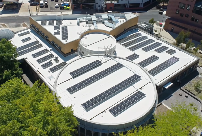 View of the commercial solar system installed on the rooftop of Ballarat Library.