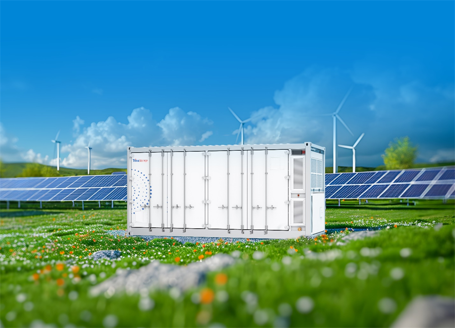 Trina Storage Elementa 2 Pro battery energy storage container deployed in a solar farm with wind turbines in the background, symbolizing renewable energy integration.