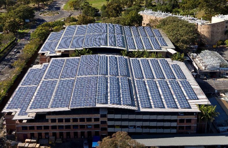 Aerial view of rooftop solar installation at university