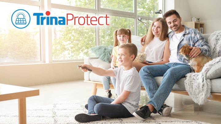 Happy family in a living room with TrinaProtect logo